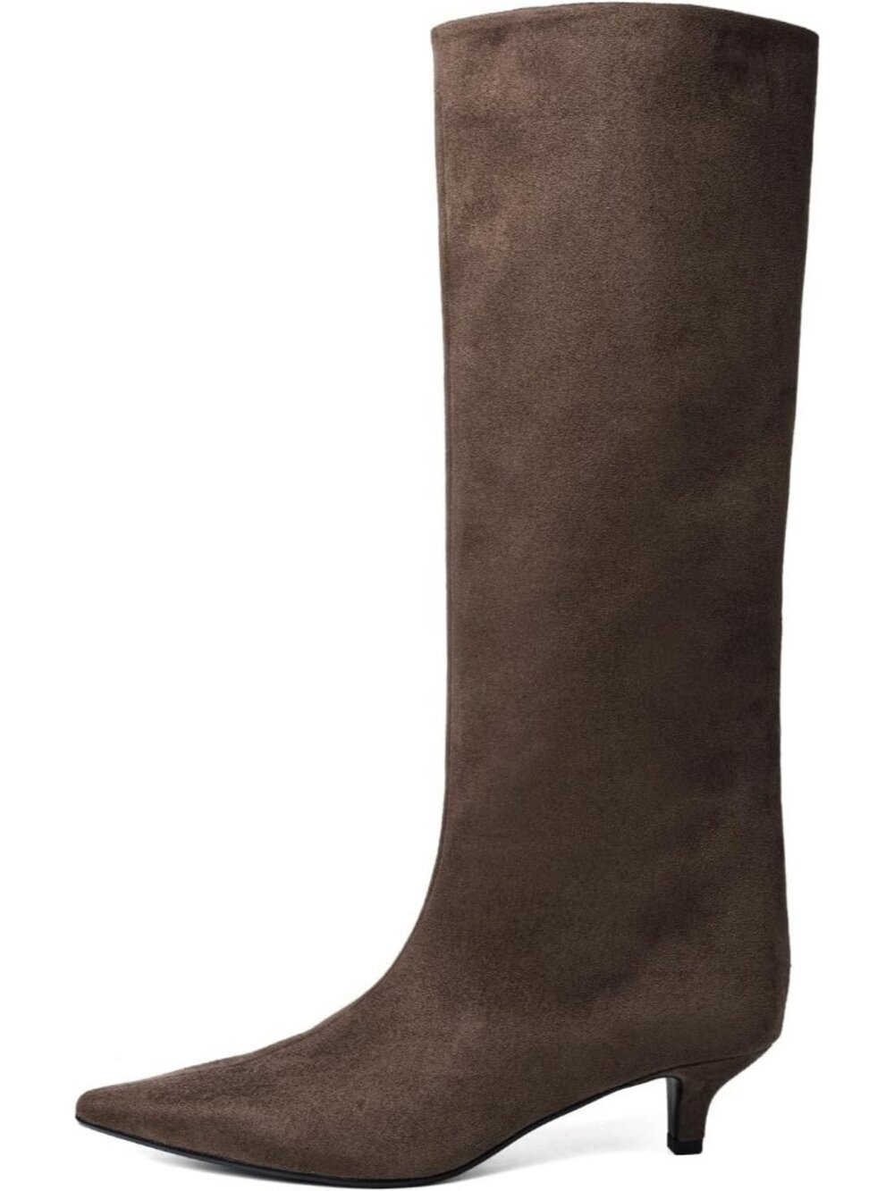 Women's Knee High Boots Kitten Heel Pointed Toe Pull On Tall Boots Suede Brown